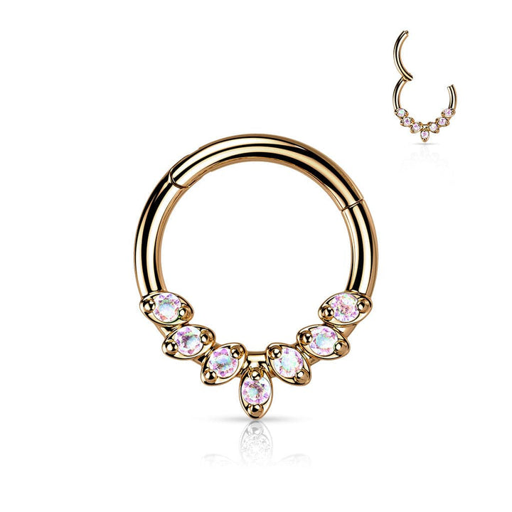 316L Surgical Steel Rose Gold PVD AB CZ Gem Vine Leaf Dainty Septum Ring Hinged Clicker Hoop - Pierced Universe