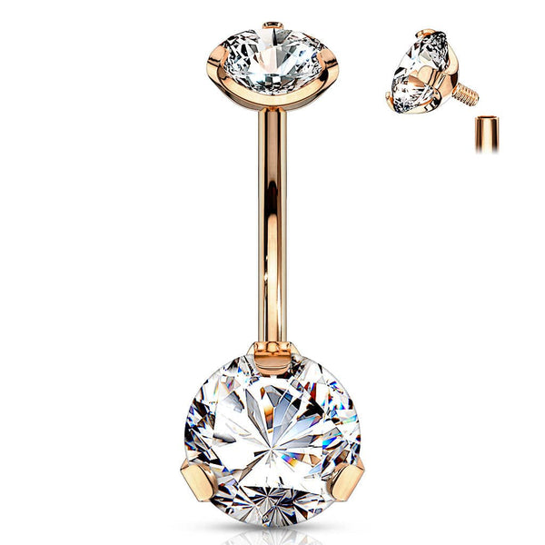 316L Surgical Steel Rose Gold PVD Internally Threaded White CZ Belly Ring - Pierced Universe