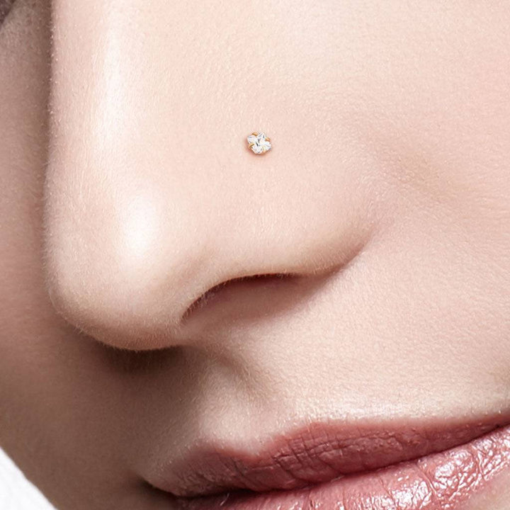 316L Surgical Steel Rose Gold PVD Square White CZ Ball End Nose Pin - Pierced Universe