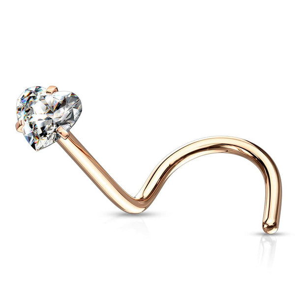 316L Surgical Steel Rose Gold PVD White Heart CZ Corkscrew Nose Pin Ring - Pierced Universe