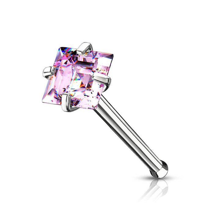 316L Surgical Steel Square Pink CZ Ball End Nose Pin - Pierced Universe