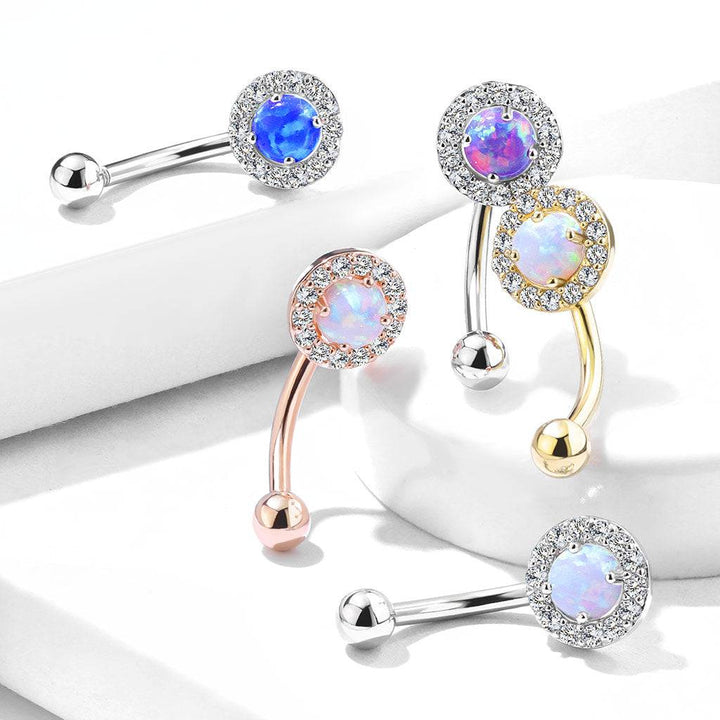 316L Surgical Steel White CZ Gem Cluster & Purple Opal Curved Barbell - Pierced Universe