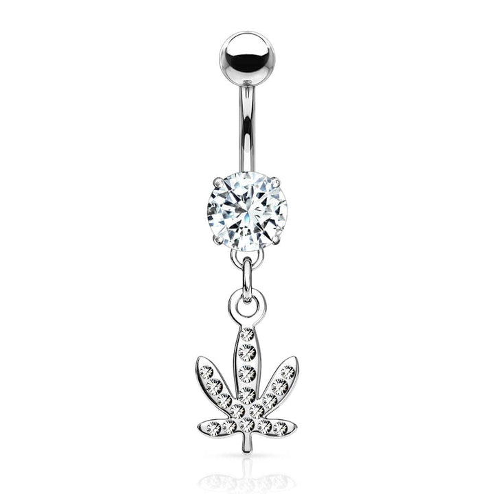 316L Surgical Steel White CZ Weed Leaf Dangle Belly Ring - Pierced Universe