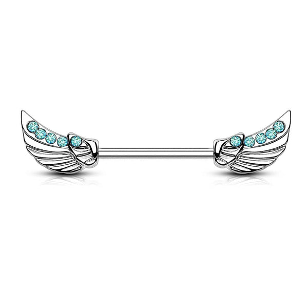 316L Surgical Steel Wing Nipple Ring with Aqua Gems 316L Surgical Steel Wing Nipple Ring with Aqua Gems