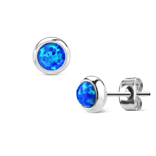 6mm Bezel Blue Opal Surgical Steel Stud Earrings - Pierced Universe