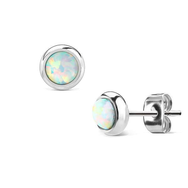 6mm Bezel White Opal Surgical Steel Stud Earrings - Pierced Universe