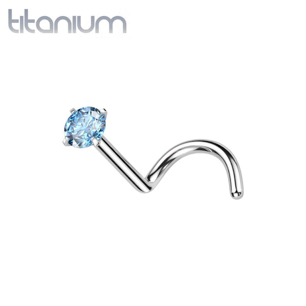 Implant Grade Titanium Corkscrew Nose Ring Stud Aqua CZ With Prong - Pierced Universe