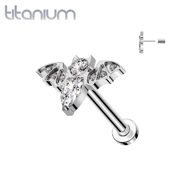 Implant Grade Titanium White CZ Large Flying Bat Threadless Push In Labret - Pierced Universe