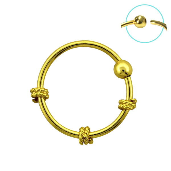 925 Sterling Silver 18kt Gold Plated Nose Hoop Ring with 3 Twisted Wires - Pierced Universe