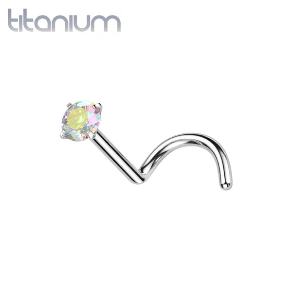 Implant Grade Titanium Corkscrew Nose Ring Stud with Prong White CZ Gem Implant Grade Titanium Corkscrew Nose Ring Stud with Prong White CZ Gem