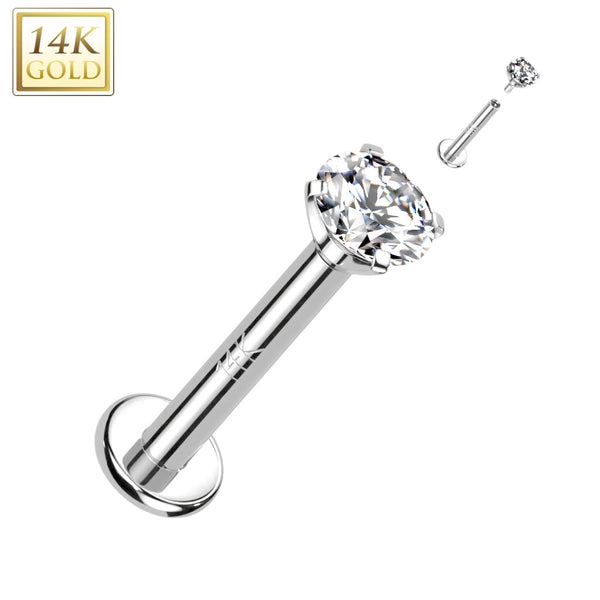 14KT White Gold White CZ Gem Internally Threaded Flat Back Labret - Pierced Universe