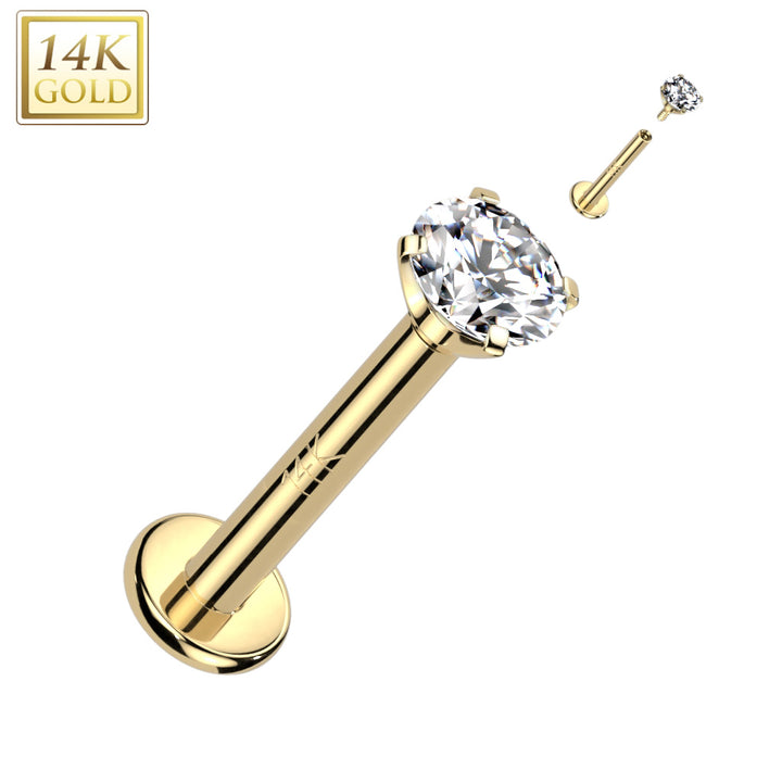 14KT Yellow Gold White CZ Gem Internally Threaded Flat Back Labret - Pierced Universe