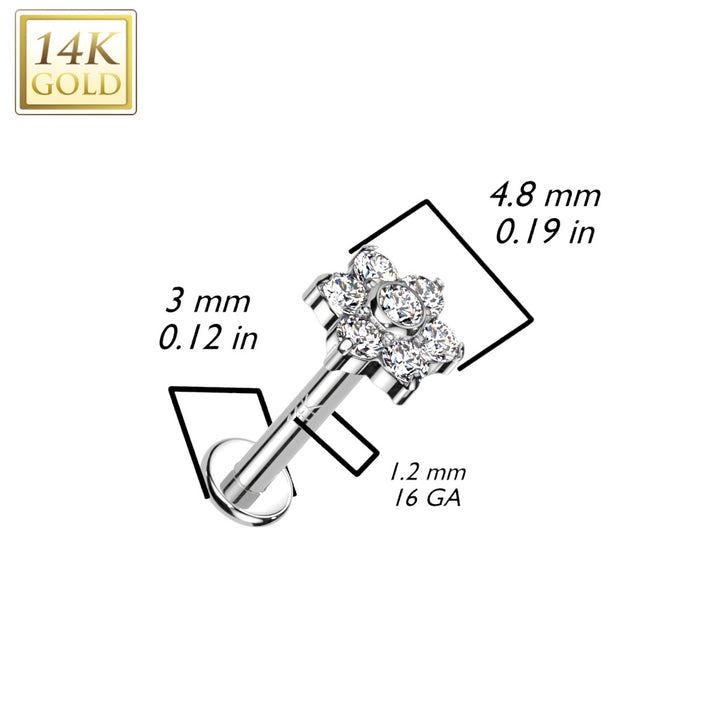 14KT Yellow Gold White CZ Flower Internally Threaded Flat Back Labret - Pierced Universe