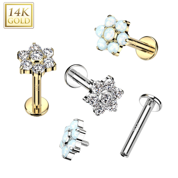 14KT Yellow Gold White CZ Flower Internally Threaded Flat Back Labret - Pierced Universe