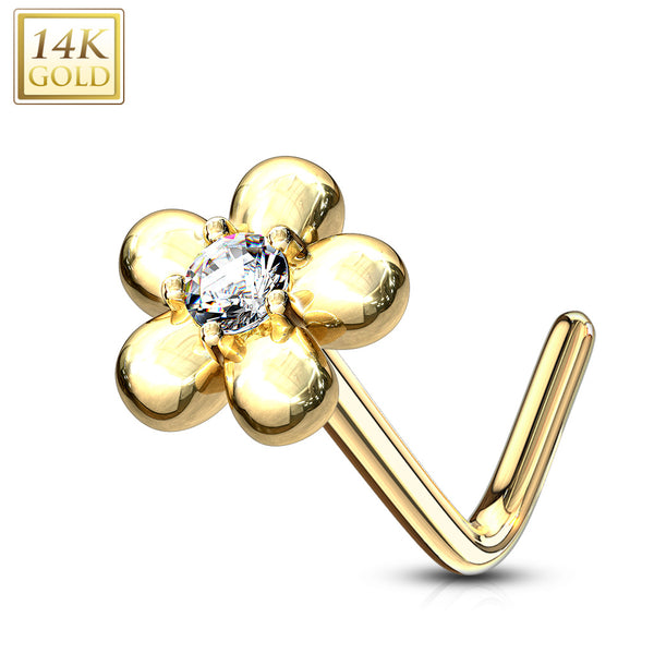 14KT Solid Yellow Gold L Shape Flower Nose Ring with White CZ - Pierced Universe