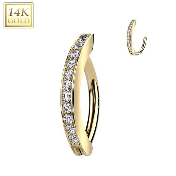 14KT Yellow Gold White CZ Clicker Hoop Hinged Belly Ring - Pierced Universe
