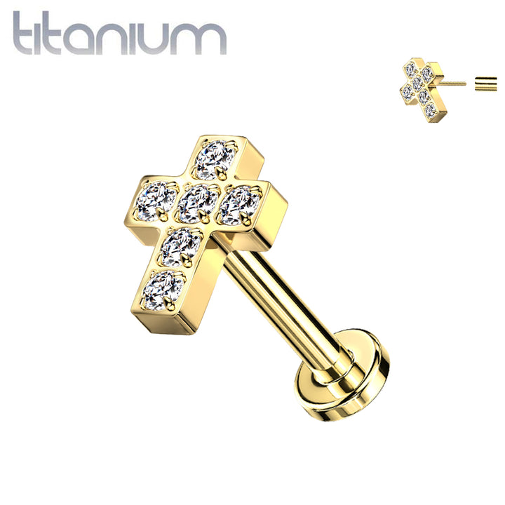 Implant Grade Titanium Gold PVD Threadless Push In Labret White Studded CZ Cross - Pierced Universe