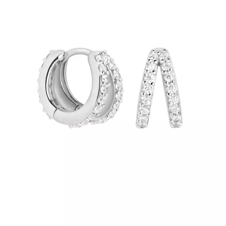 Pair of 925 Sterling Silver Double White Pave Gem Minimal Hoop Earrings - Pierced Universe