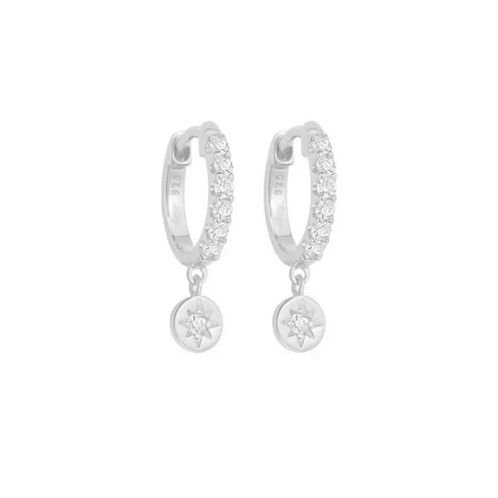 Pair of 925 Sterling Silver White CZ Gem Sun Dangle Minimal Hoop Earrings - Pierced Universe