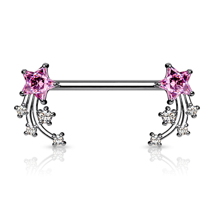 316L Surgical Steel Pink & White CZ Shooting Star Nipple Ring Straight Barbell - Pierced Universe