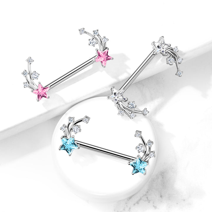 316L Surgical Steel White CZ Shooting Star Nipple Ring Straight Barbell - Pierced Universe