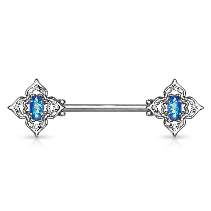 316L Surgical Steel 4 Petal Design White CZ & Blue Opal Nipple Ring Straight Barbell - Pierced Universe