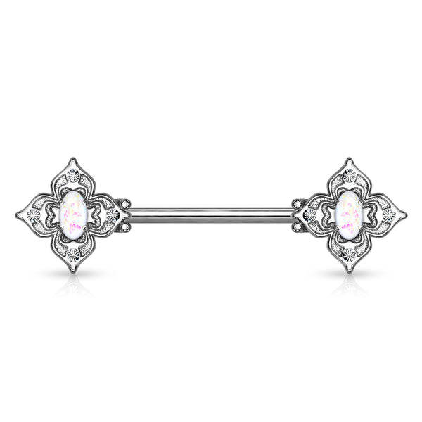 316L Surgical Steel 4 Petal Design White CZ & Opal Nipple Ring Straight Barbell - Pierced Universe