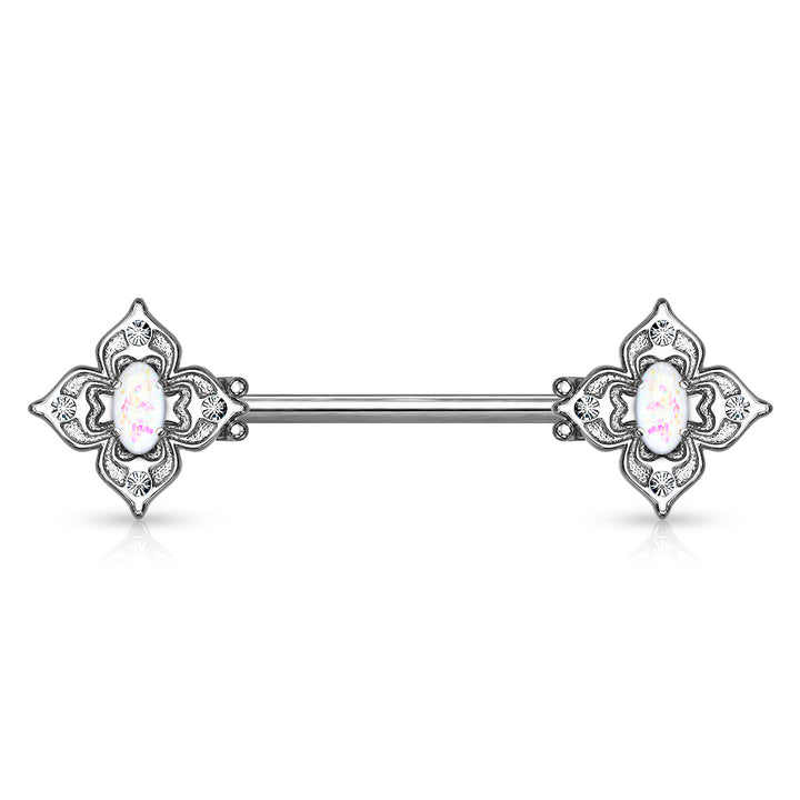 316L Surgical Steel 4 Petal Design White CZ & Opal Nipple Ring Straight Barbell - Pierced Universe