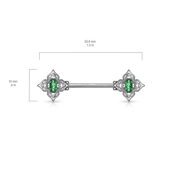 316L Surgical Steel 4 Petal Design White CZ & Dark Green Opal Nipple Ring Straight Barbell - Pierced Universe