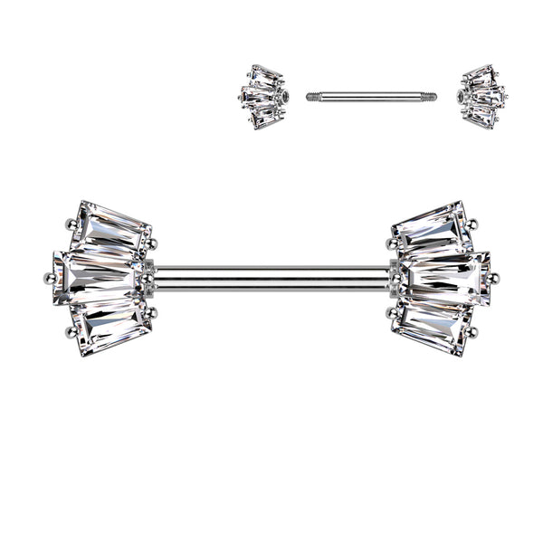 316L Surgical Steel White CZ Triple Baguette Cut Gem Nipple Ring Barbell - Pierced Universe