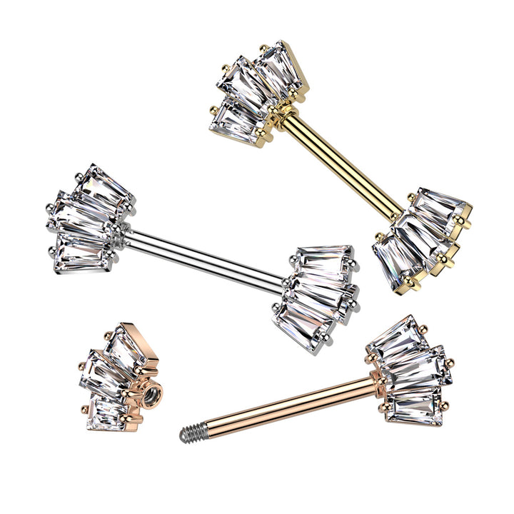 316L Surgical Steel Rose Gold PVD White CZ Triple Baguette Cut Gem Nipple Ring Barbell - Pierced Universe