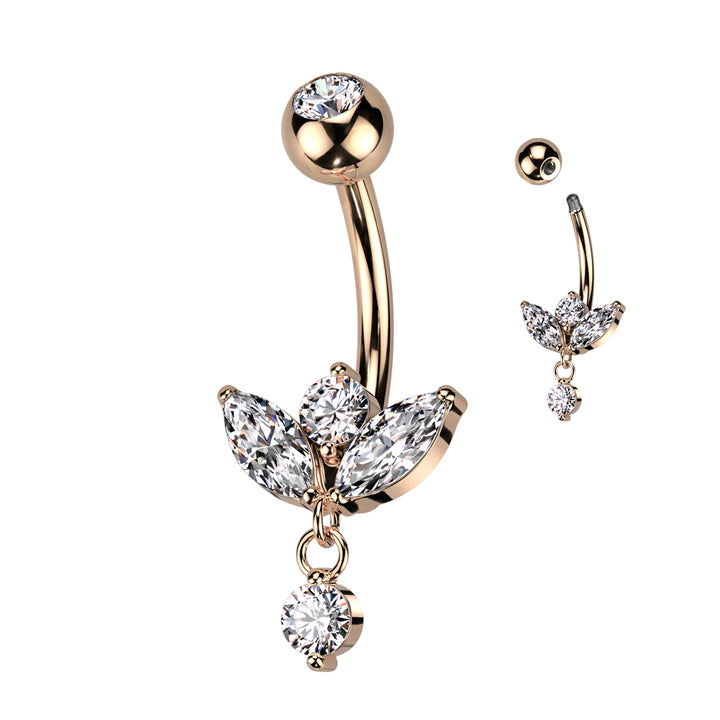 316L Surgical Steel Rose Gold PVD White CZ 3 Petal Flower With Single Gem Dangle - Pierced Universe