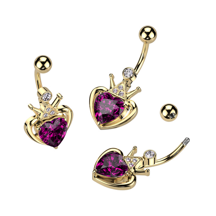 316L Surgical Steel Gold PVD Pink & White CZ Heart Crown Belly Ring - Pierced Universe