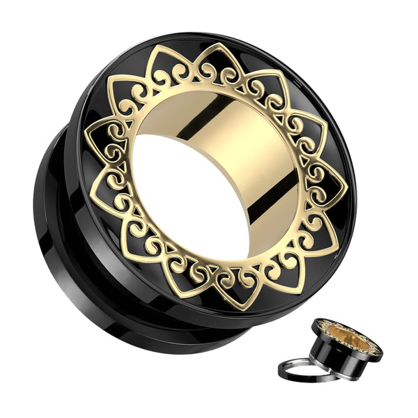 316L Surgical Steel Black PVD Gold Heart Filigree Design Screw On Ear Tunnels - Pierced Universe