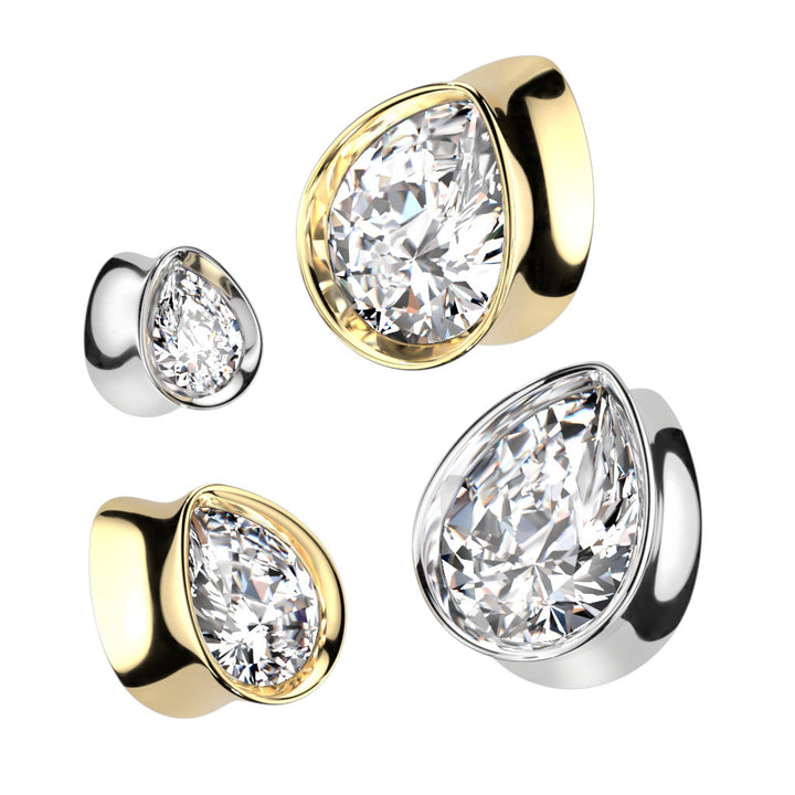 316L Surgical Steel Gold PVD White CZ Teardrop Shaped Double Flared Plug - Pierced Universe