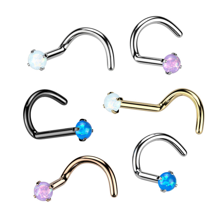 Implant Grade Titanium Corkscrew Nose Ring Blue Opal Stud With Prongs - Pierced Universe