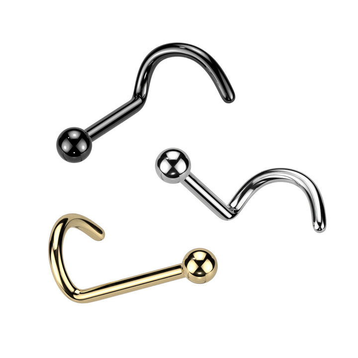 Implant Grade Titanium Gold PVD Ball Top Corkscrew Nose Stud Ring - Pierced Universe