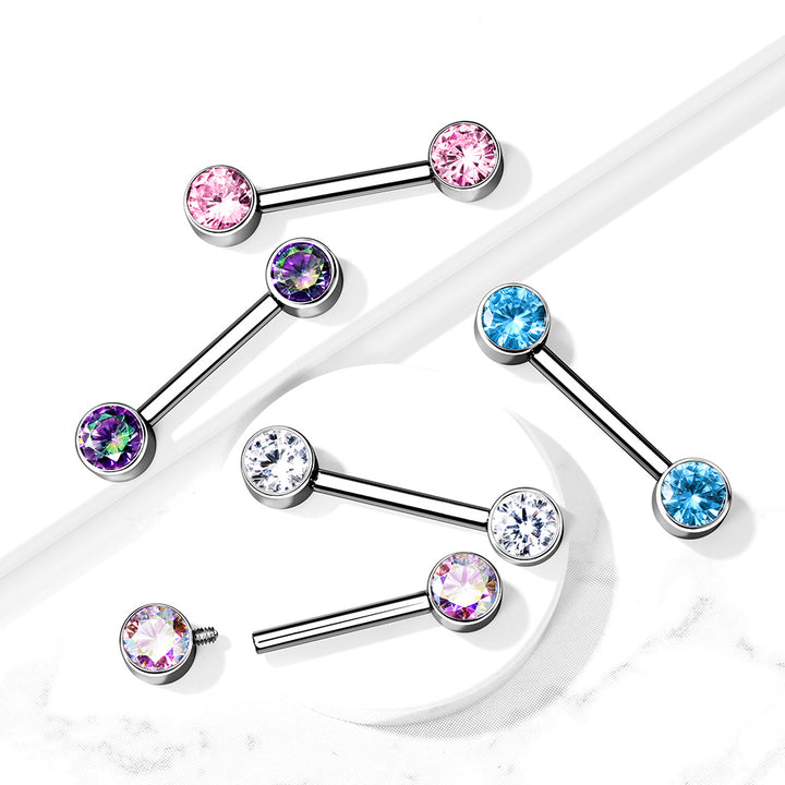 Implant Grade Titanium Gold PVD Nipple Barbell With Internally Threaded White CZ Gems - Pierced Universe