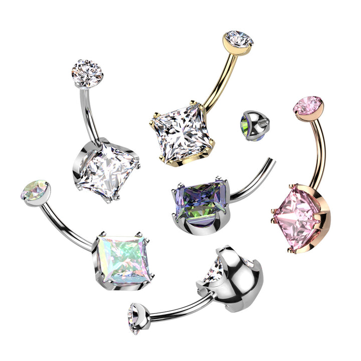 Implant Grade Titanium Gold PVD White CZ Simple Square Gem Belly Ring - Pierced Universe