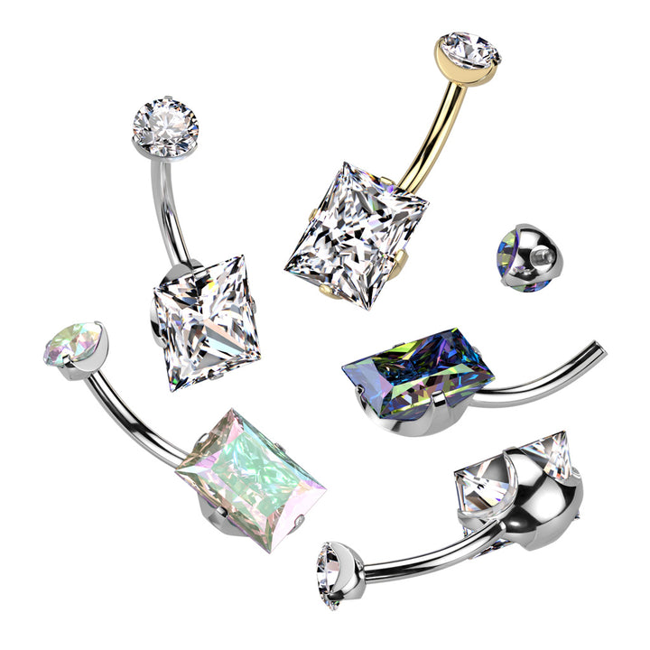 Implant Grade Titanium Gold PVD White CZ Squared Gem Belly Ring - Pierced Universe