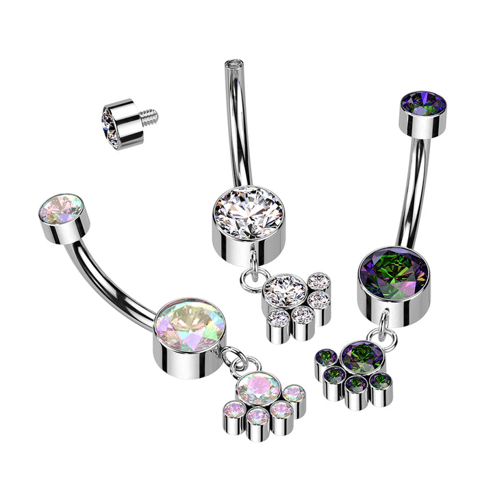 Implant Grade Titanium Aurora Borealis CZ Bezel Circle Cluster Dangle Belly Ring - Pierced Universe