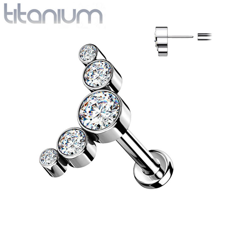 Implant Grade Titanium Threadless Push In Cartilage 5 Gem Curved White CZ Gems With Flat Back - Pierced Universe