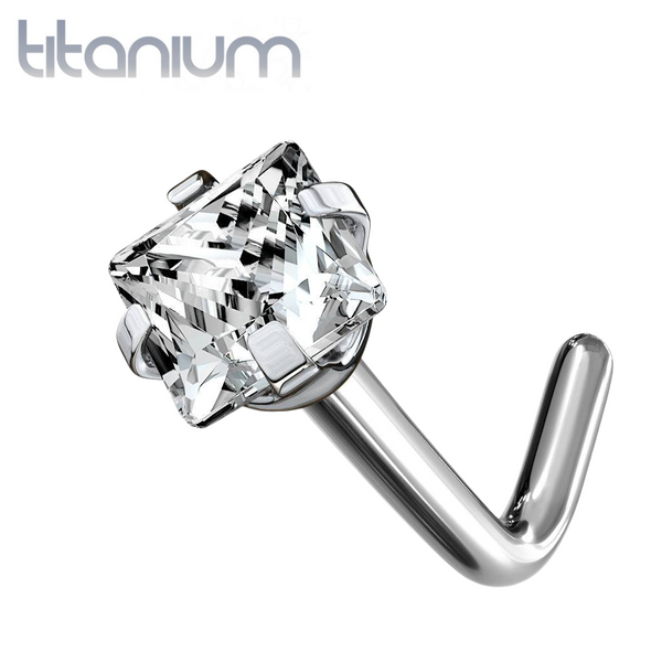 Implant Grade Titanium Square Prong White CZ L shape Nose Stud - Pierced Universe