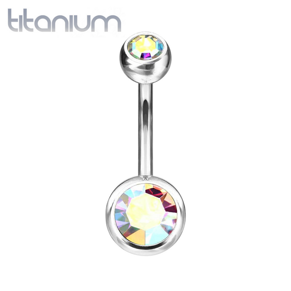 Implant Grade Titanium Double Ball Aurora Borealis CZ Gem Belly Ring - Pierced Universe