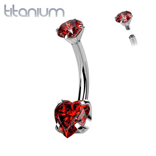 Implant Grade Titanium Internally Threaded Red Heart CZ Belly Ring - Pierced Universe