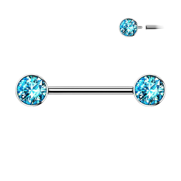 Implant Grade Titanium Nipple Barbell With Internally Threaded Aqua CZ Gems - Pierced Universe