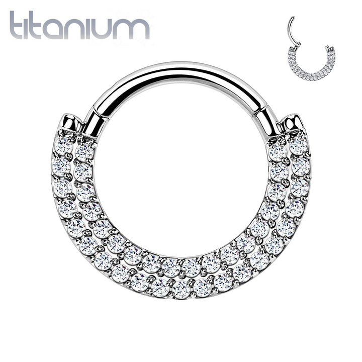 Implant Grade Titanium Double Row White CZ Pave Daith Ring Clicker Hoop - Pierced Universe