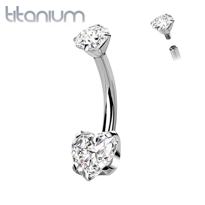 Implant Grade Titanium Internally Threaded White Heart CZ Belly Ring - Pierced Universe