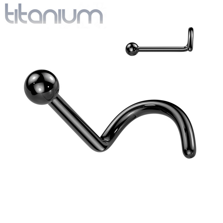 Implant Grade Titanium Black PVD Ball Top Corkscrew Nose Stud Ring - Pierced Universe