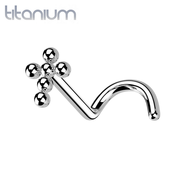 Implant Grade Titanium Corkscrew Beaded Cross Nose Stud Ring - Pierced Universe